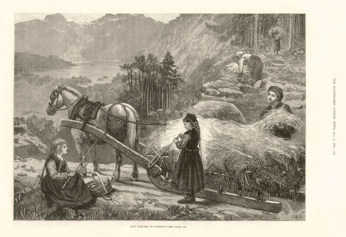 Hay Harvest in Norway 1881 old antique vintage print picture
